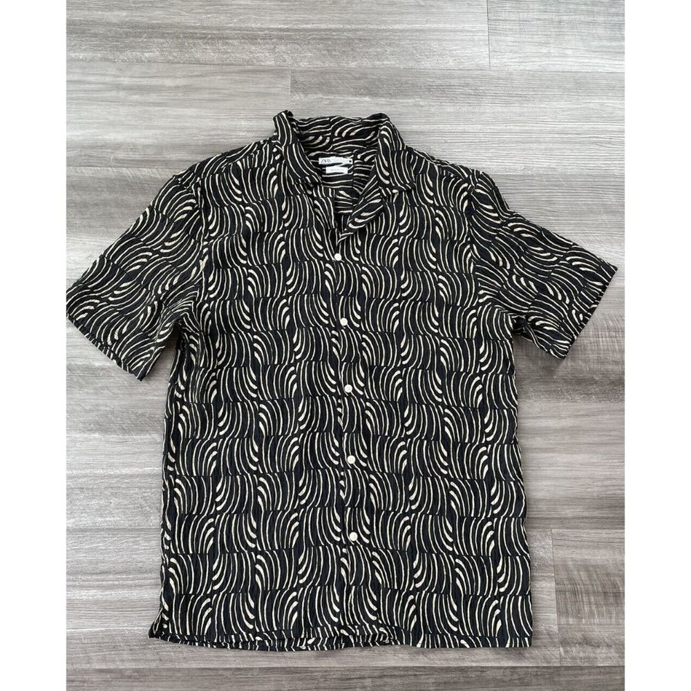 Zara Mens Black Swirl Print Button Up Shirt Size XL Stretch M12